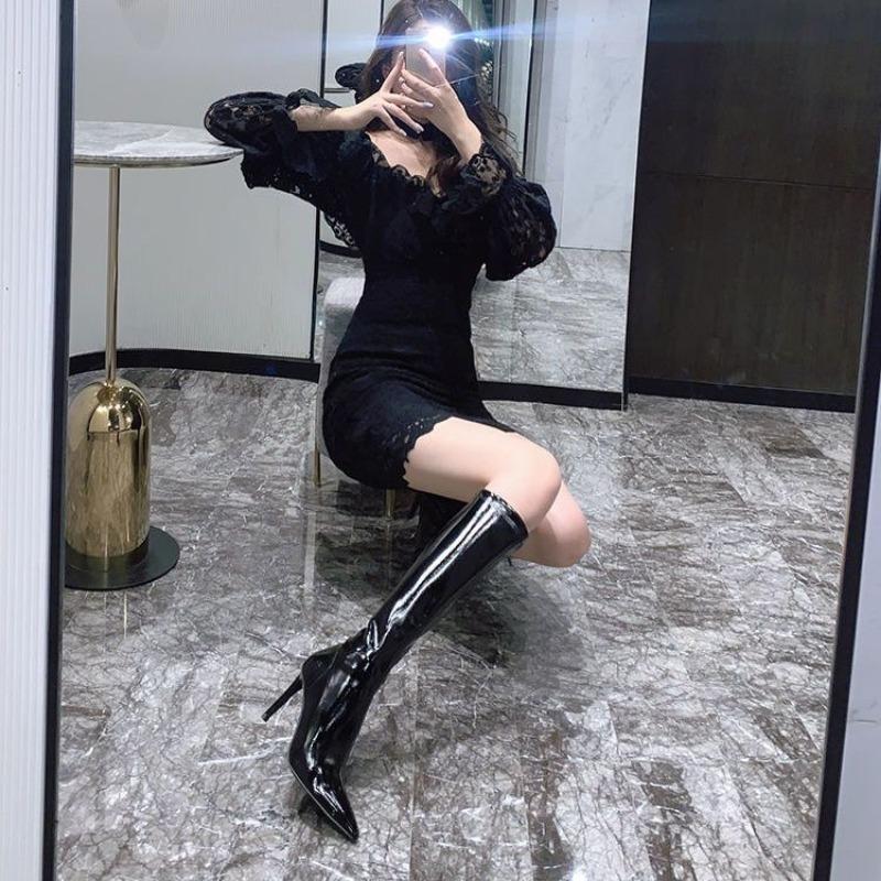 Модные черные зимние сапоги до колена с острым носком, женские сапоги из кожи, элегантные туфли на каблуке для женщин, длинные, весна 2024, ПУ