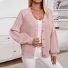 Women Sweater Coat V-Neck Lantern Long Sleeve Single Breasted Knitted Coat Solid Color Loose Sweater