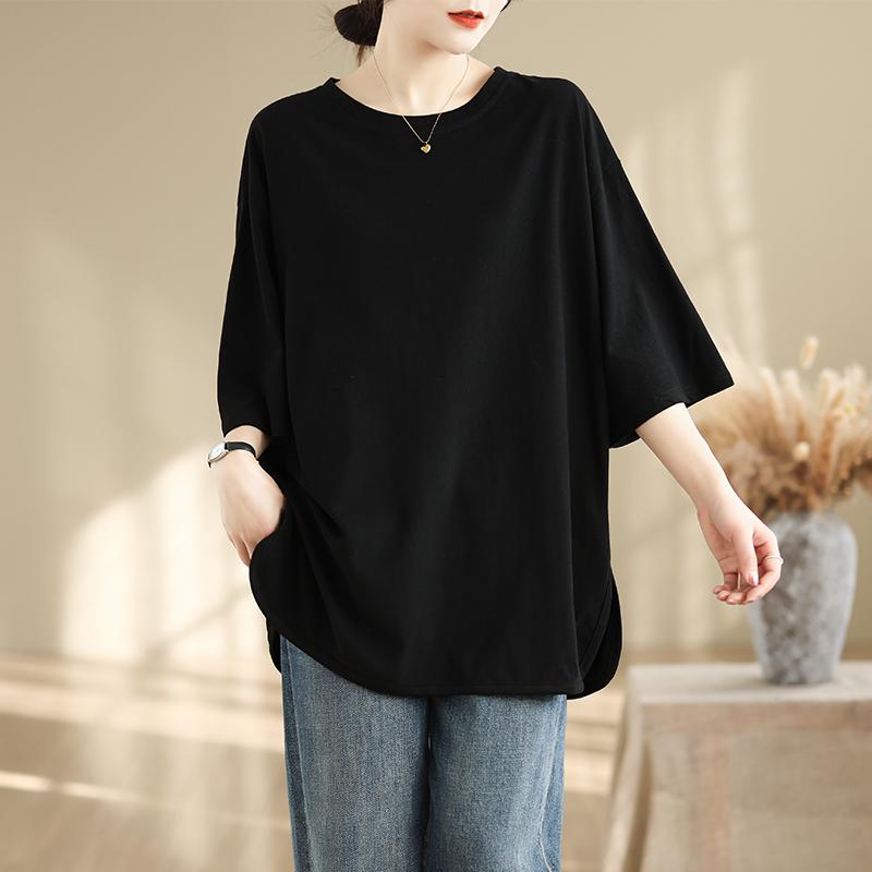 DIMANAF 2025 Женская Новая Летняя Футболка Большого Размера Короткий Рукав Хлопок Винтаж Свободные Топы Футболки Однотонная Макси