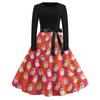 Women's Casual Halloween Print Vintage Round Neck Long Sleeve Dress Retro Fit and Flare Style with Waist Tie and Unique Pumpkin Pattern