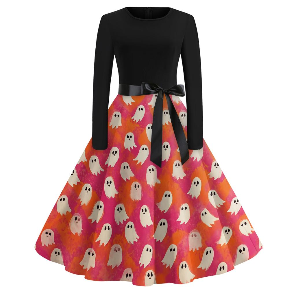 Women's Casual Halloween Print Vintage Round Neck Long Sleeve Dress Retro Fit and Flare Style with Waist Tie and Unique Pumpkin Pattern