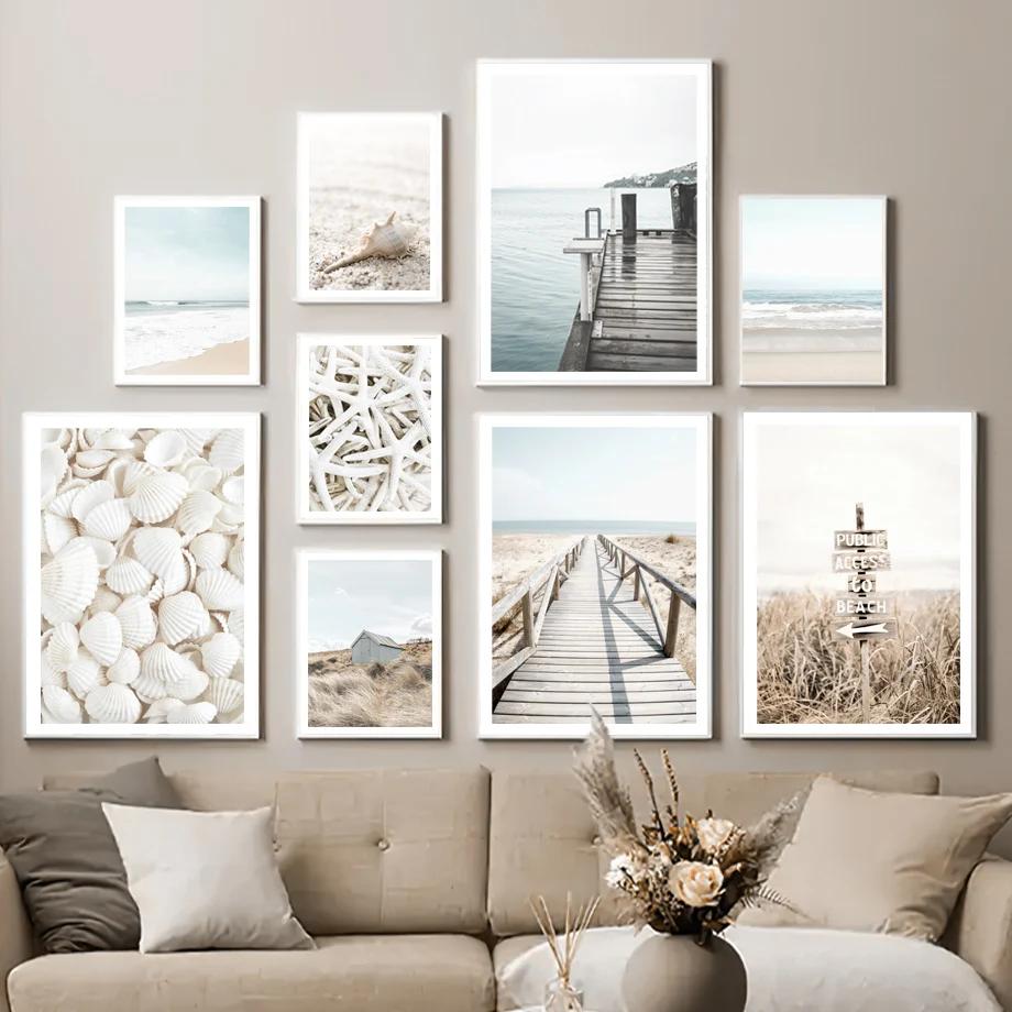 Beach Shell Starfish Bridge And Prints Wall Art Nordic Posters Canvas Painting Wall Pictures For Living Room Marine Style Decor