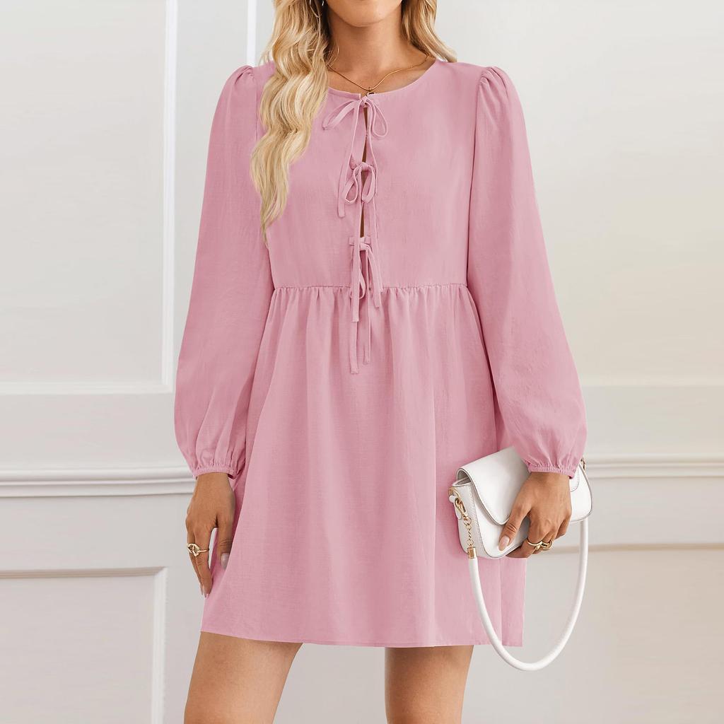 Women's Casual Fashion Lace-up A-line Pleated Long-sleeved Solid Color Short Dress