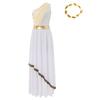 Womens Ancient Greek Dance Dress One Shoulder Chiffon Overlay Vintage Trim Tunic Dress Artificial Leaf Garland Headwear