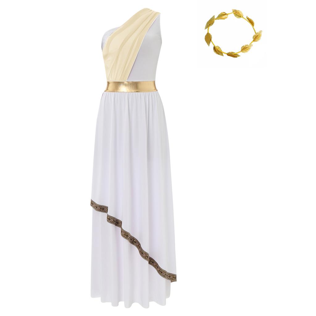Womens Ancient Greek Dance Dress One Shoulder Chiffon Overlay Vintage Trim Tunic Dress Artificial Leaf Garland Headwear