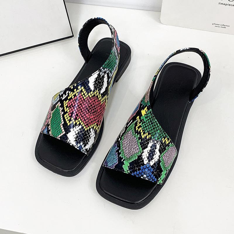 2025 Summer Flat Casual Sandals Large Fish Mouth Square Head Back Hollow Thick Heel Roman Sandals Ankle Sandals