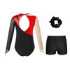 Girls Dance Long Sleeve Round Neck Leotard Patchwork Cutout Back with Shorts Hair Tie Headwear Set