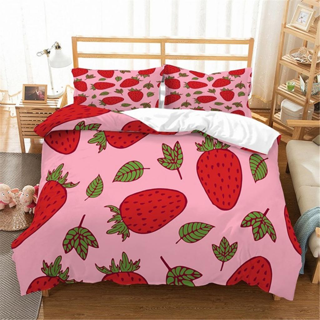 Red Strawberry Pink Lovely Summer Fruit Tree Leaf Duvet Cover for Children Girls Gifts Room Decorations Polyester Duvet Cover