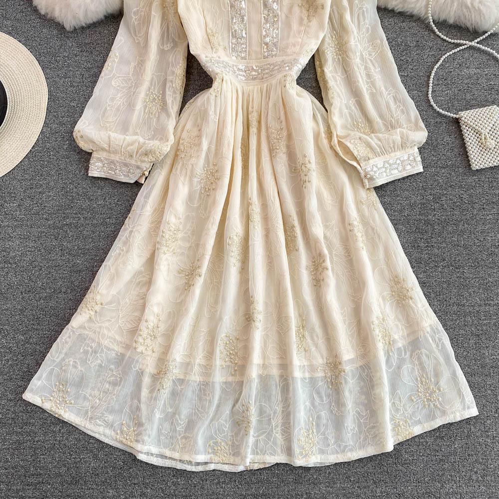 Lente Zachte Wind Temperament Fee Super Xiansen Afdeling Taille Sluiten Dunne Lange Mouwen V-hals Sequin Een-Woord Jurk