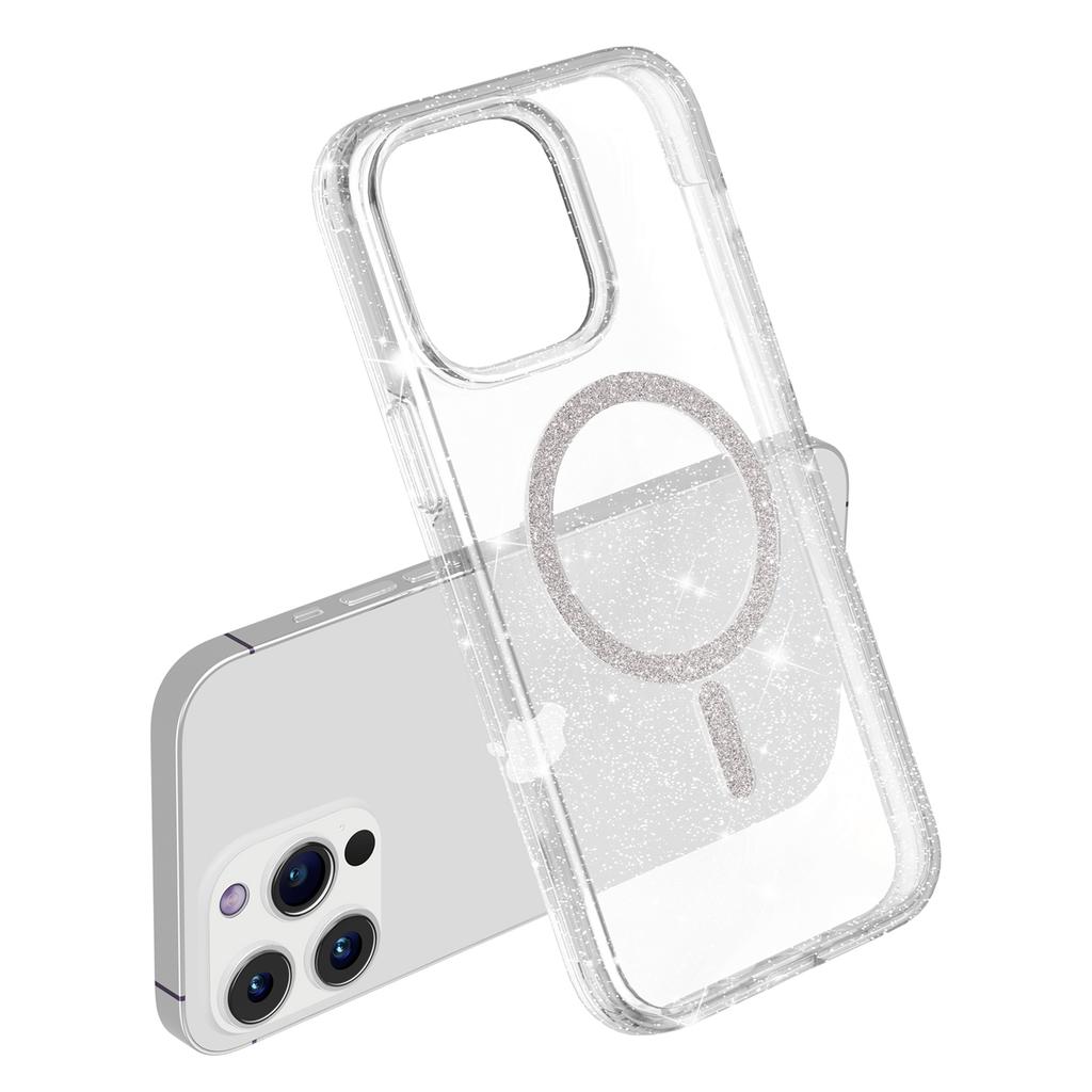 For iPhone 15 Pro Max Phone Case Compatible with MagSafe Glitter PC+TPU Hybrid Shockproof Cover