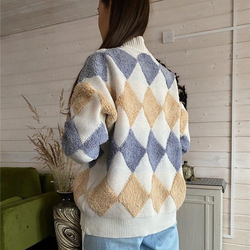 Casual Plaid V Neck Knitted Cardigan Jacket Women 2023 Winter Vintage Argyle Loose Sweater Women Long Sleeve Cardigans 28889