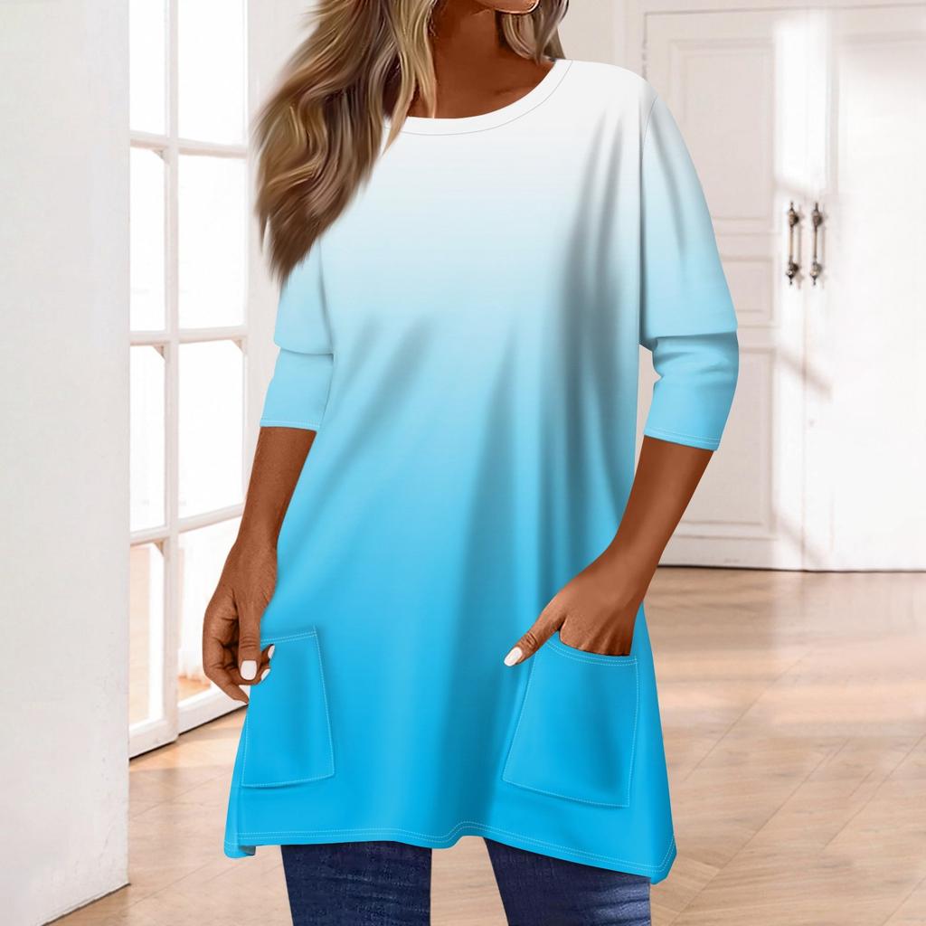 3/4 рукава кармана топы для женщин футболка повседневный принт средней длины топы футболка круглый вырез пуловер блузка