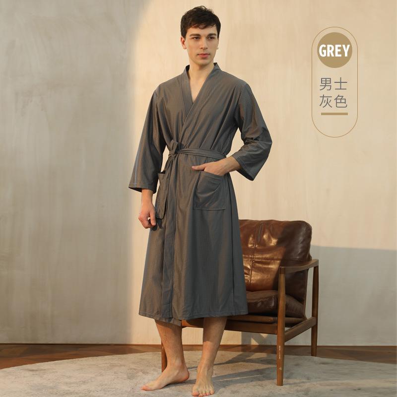 Men's Spring Summer Thin Bathrobe Couple's Lace Up Sleepwear Quick-dry Hotel Spa Robe with Pockets