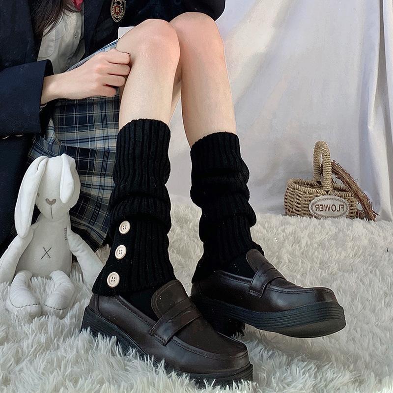 Women Vintage Button Leg Warmers New Autumn Winter Knitted Socks with Yarn White Long Tube Pile Socks JK Keep Warm Leg Warmers