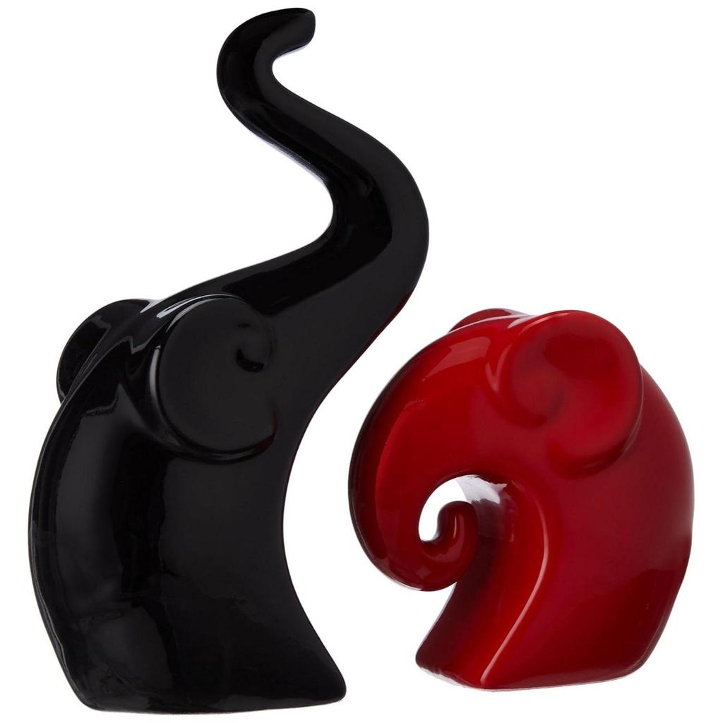 Home Decor Happy Charm Elephant Couple | Piano Finish Ceramic Figures (Set of 2 Piece, Red & Black)