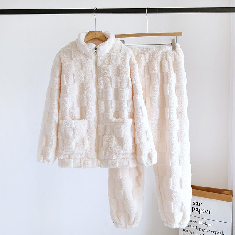 Парный зимний фланелевый пижамный комплект для мужчин и женщин, коралловый плюш, плотный однотонный, брюки с длинным рукавом, домашний костюм, комплект из двух предметов