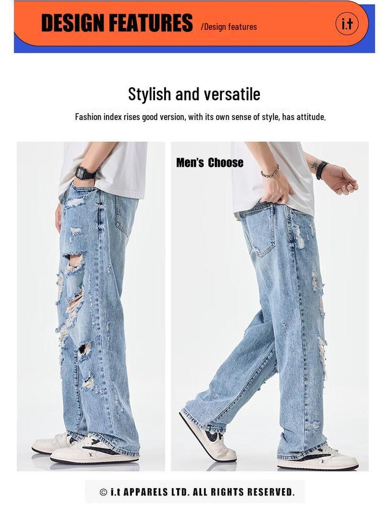Izzue IT Мужские джинсы прямого кроя широкие штанины с потертостями