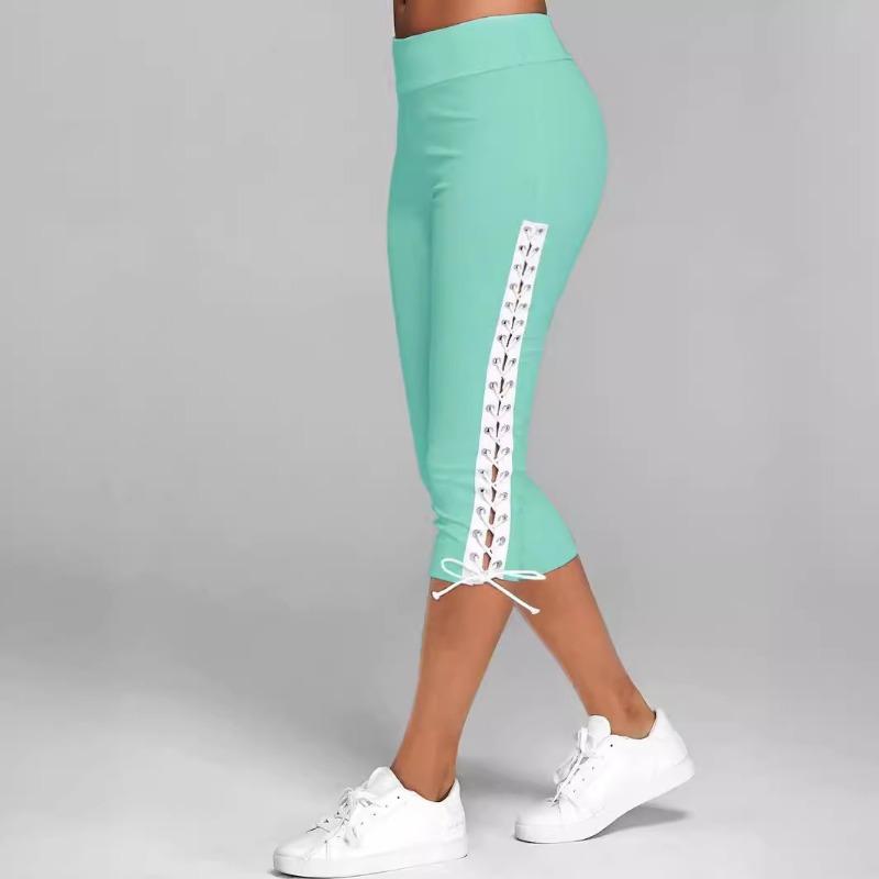 Womens Slim Fit Eyelet Lace Up Capri Leggings Multi Color