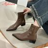 Fashion Aphixta Pointed Toe Sexy Woman Ankle Boots Med Heels Sewing Design Woman Short Boots Soft Leather Brown Boots Botas Mujer