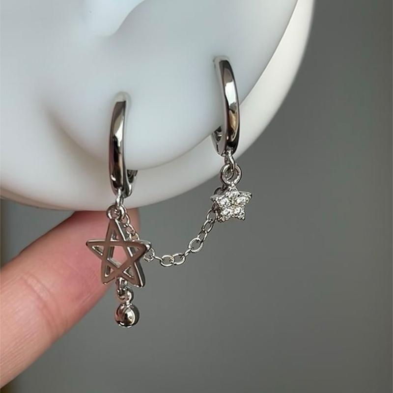 1 шт. серебряная цветная цепочка со звездой, двойное отверстие для уха, гвоздь для ушной косточки, модные серьги Y2K для женщин, ювелирные изделия