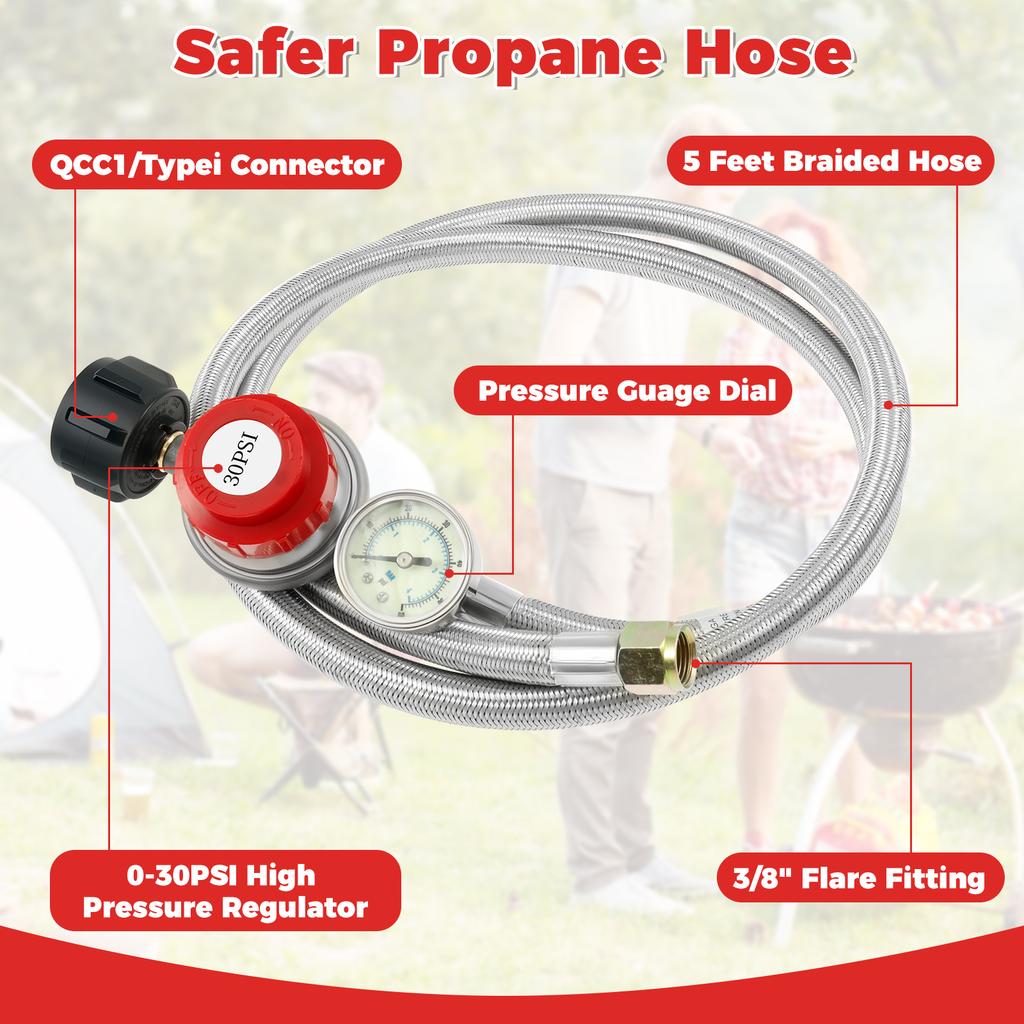 5FT Stainless Steel Brass Propane Regulator And Hose 30 PSI Adjustable Heat Resistant Gas Grill Regulator Hose for Camping Stove