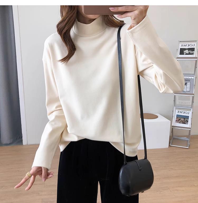 Women's Fashion Semi-High Neck Mid-Length Loose Long Sleeve Top - Autumn Base Layer T-Shirt