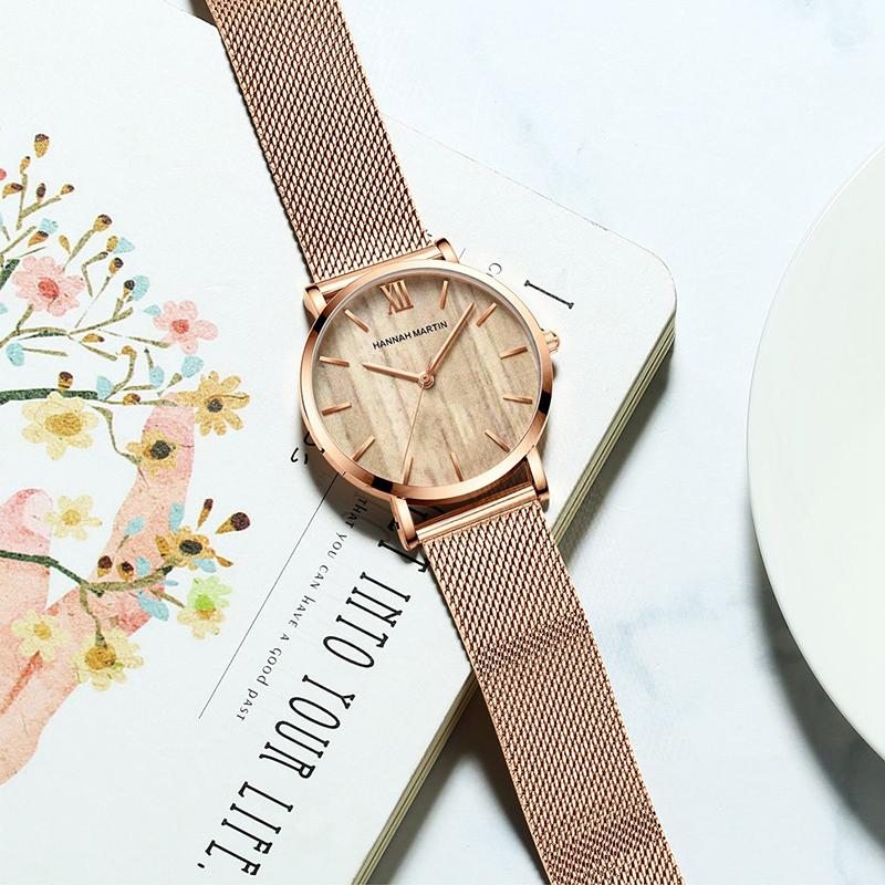 Hannah Martin Wood Grain Walnut Japan Quartz Movement Ladies Watches Luxury Brand Mesh Band Waterproof Women Wrist Watches