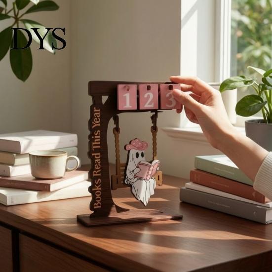 Уникальные подарки для книголюбов Деревянный календарь-дерево Настольное украшение, Переворачиваемый календарь с числами Отслеживание целей чтения Хэллоуинский призрак Украшение Настольный декор,