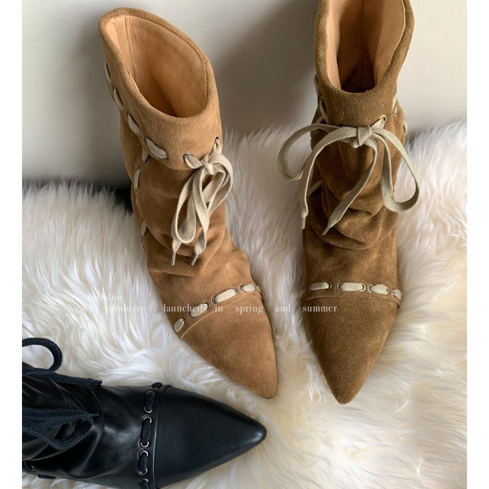 Модные ботильоны на шнурке, плиссированные, с острым носом, из замши, без застежки, увеличивающие рост, женские, в стиле вестерн, ковбойские