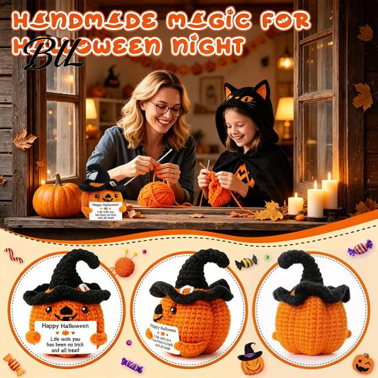 Handmade Woolen Ornament Crochet Positive Pumpkin with Witch Hat, Fall Boo Basket Stuffer, Miniature Plush Toy Mini Knitted Figurine, Tabletop