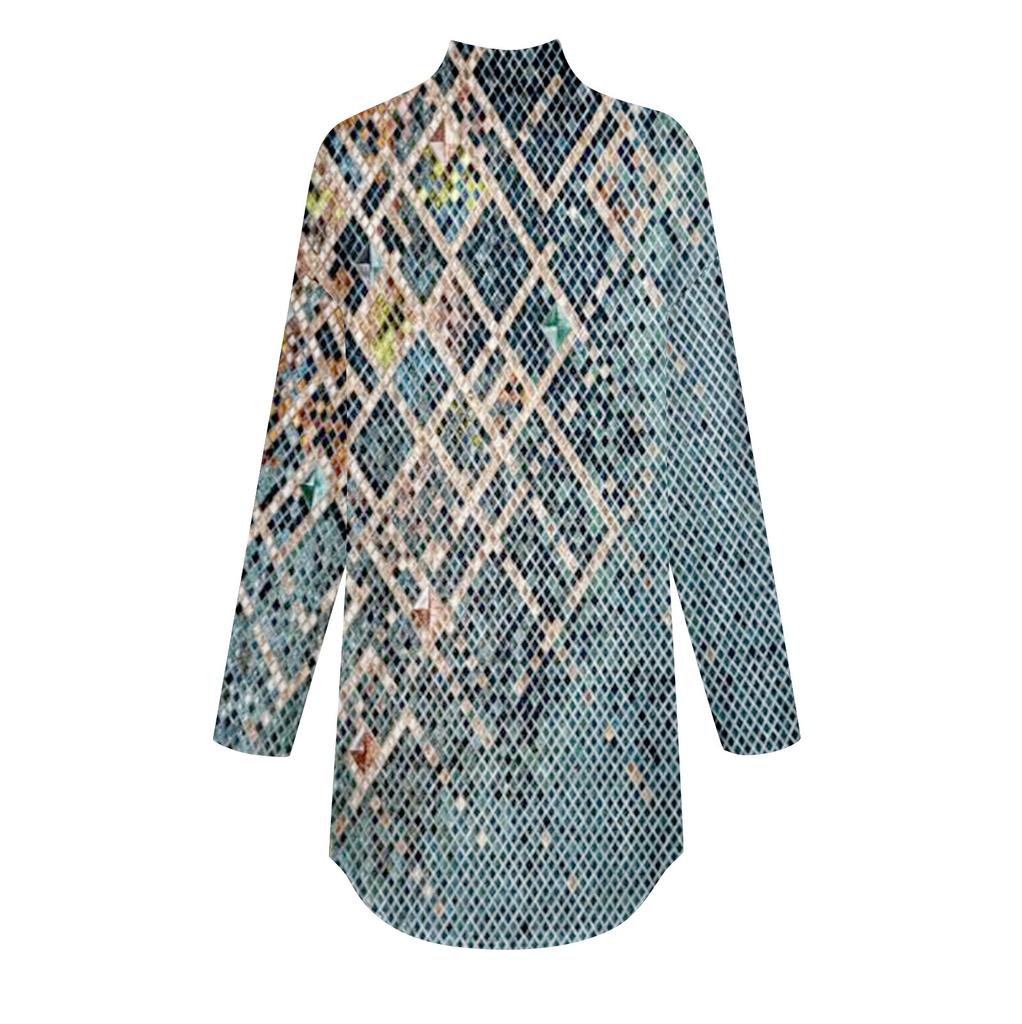 Women's Fashionable Casual High Neck Retro Printed Long Sleeve T-Shirt Pullover Top