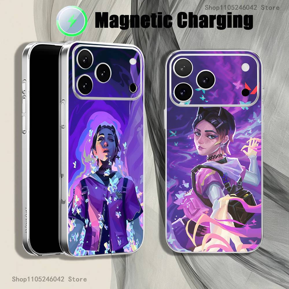 Популярный V-Valorant C-CloveS Для iPhone 17,16,15,14,13,12,11,Pro,Max,Plus Магнитная Беспроводная Зарядка Прозрачный Белый Чехол для Телефона
