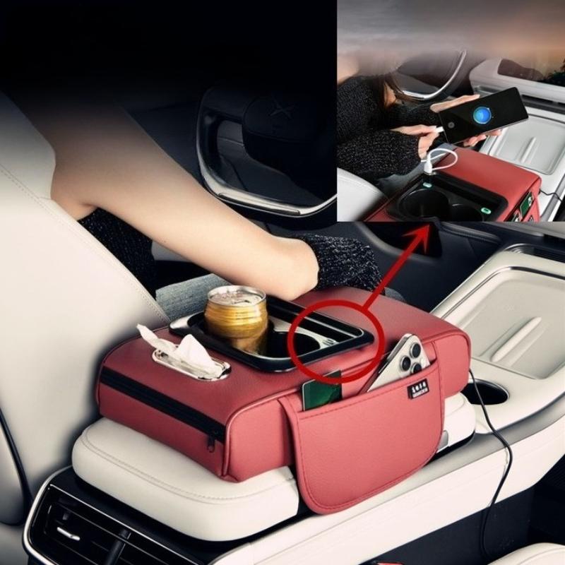 Car Tissue Box Center Armrest Box Storage With Water Cup Holder Usb Portcar Armrest Box Booster Pad With Usb Port Multi-Function