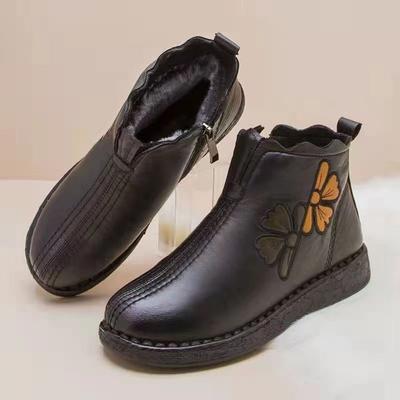 Женская обувь зима новая лакированная кожа низкий каблук плоская подошва нескользящая набивная утолщенная теплая снежная хлопковая обувь