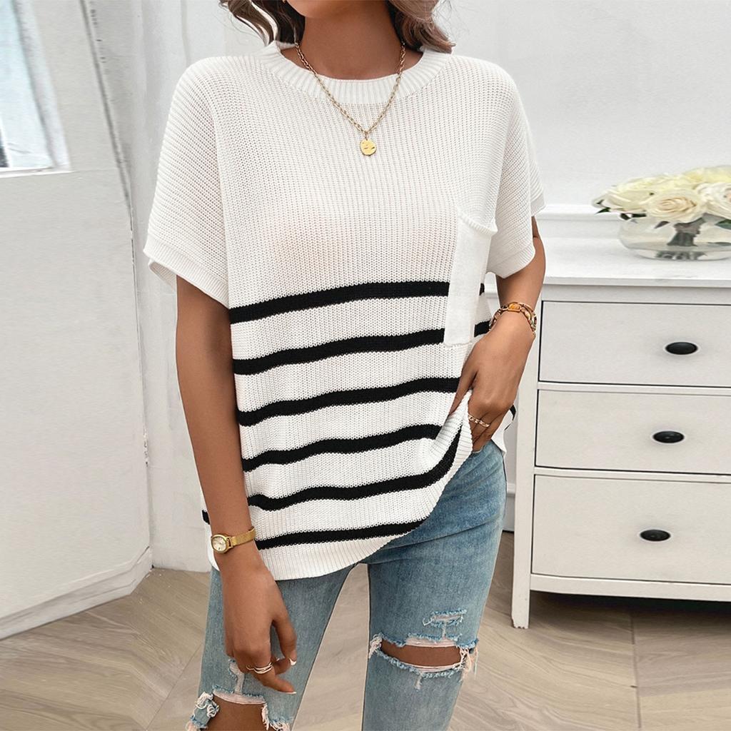 Женская мода повседневный свободный темперамент круглый вырез в полоску контрастного цвета с коротким рукавом свитер