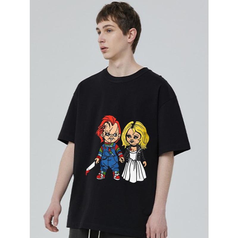 Chucky and Tiffany Cartoon T Shirt Black Horror Movie Characters Print Casual Wear for Men and Women