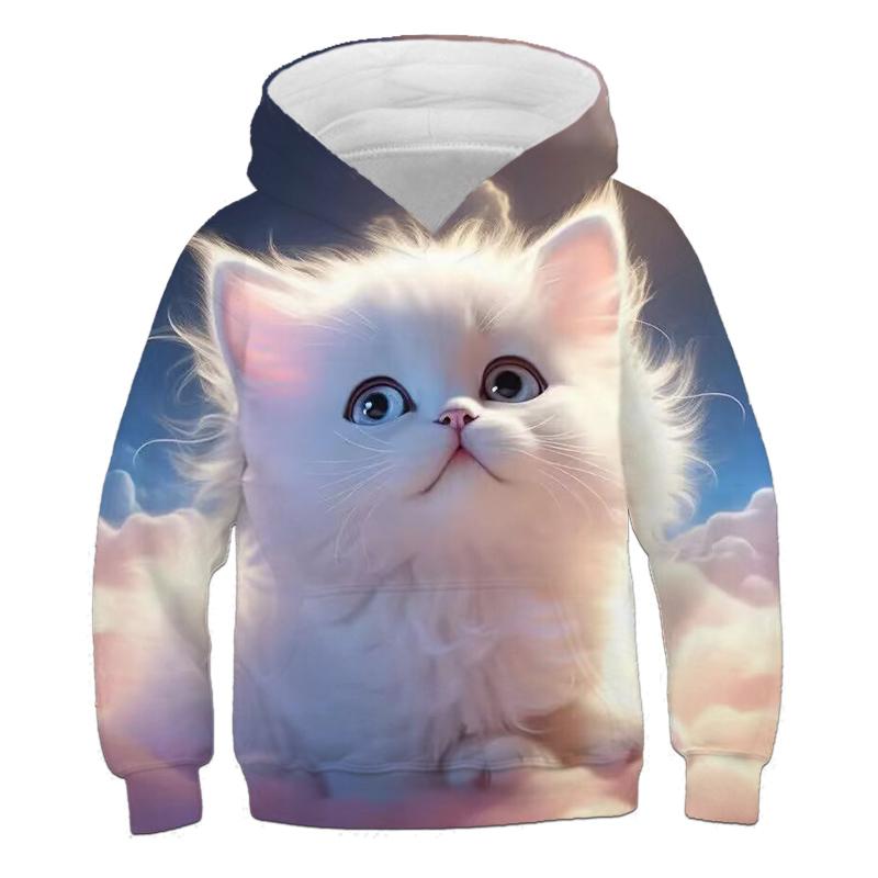 Детская одежда Толстовки с капюшоном для девочек с длинным рукавом и принтом 3D-кота для детей Весенне-осенняя одежда Повседневная милая одежда для девочек на открытом воздухе Топы