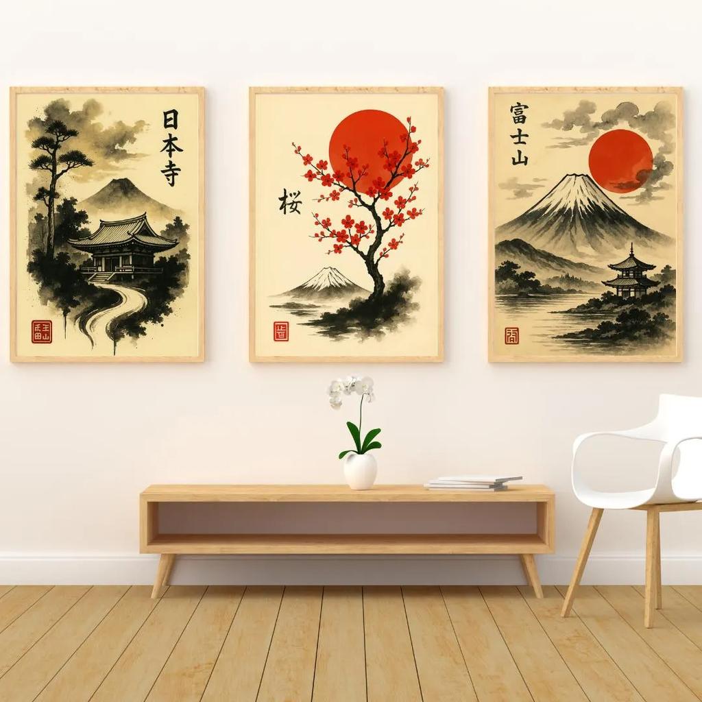 Japanese Art Inspired Poster Prints, Mount Fuji, Cherry Blossom, Japanese Temple, Home Decor, Lounge Dining Room Hallway Prints