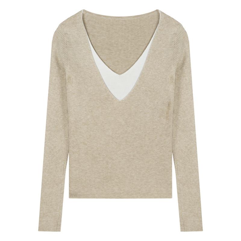 Темперамент V-образный вырез трикотаж низ топы женский осенний тонкий пуловер свитер