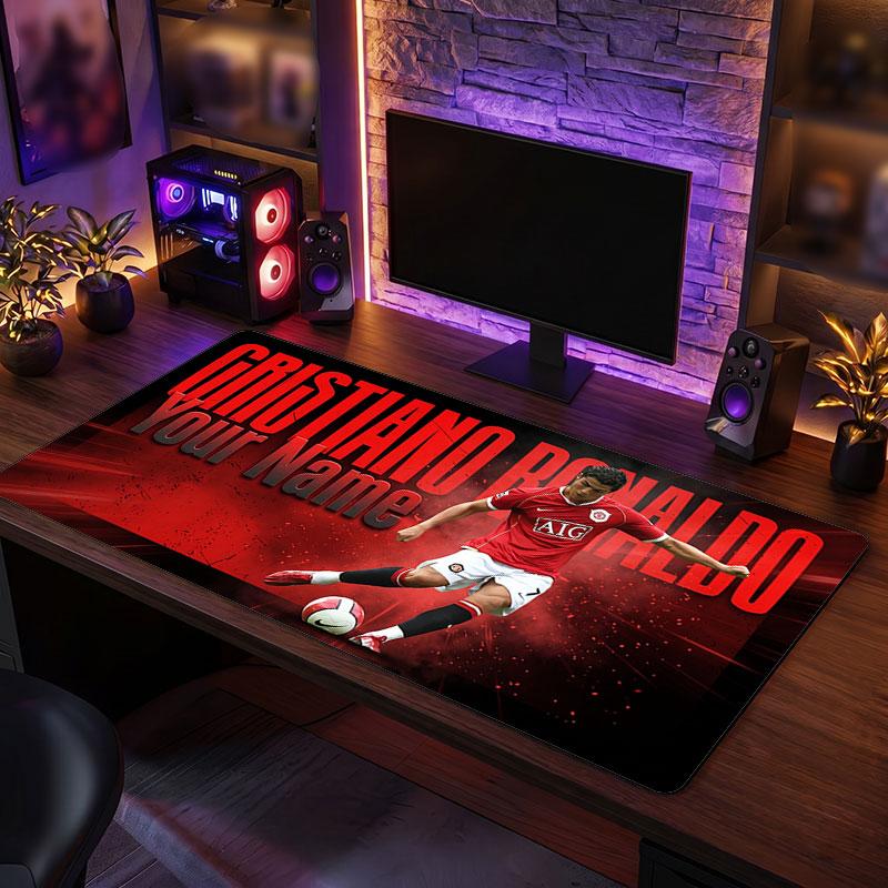 Cristiano Ronaldo Custom Large Mouse Pad, Personalized Name Text Print, Football Logo Non‑Slip Desk Mat Gaming Gift