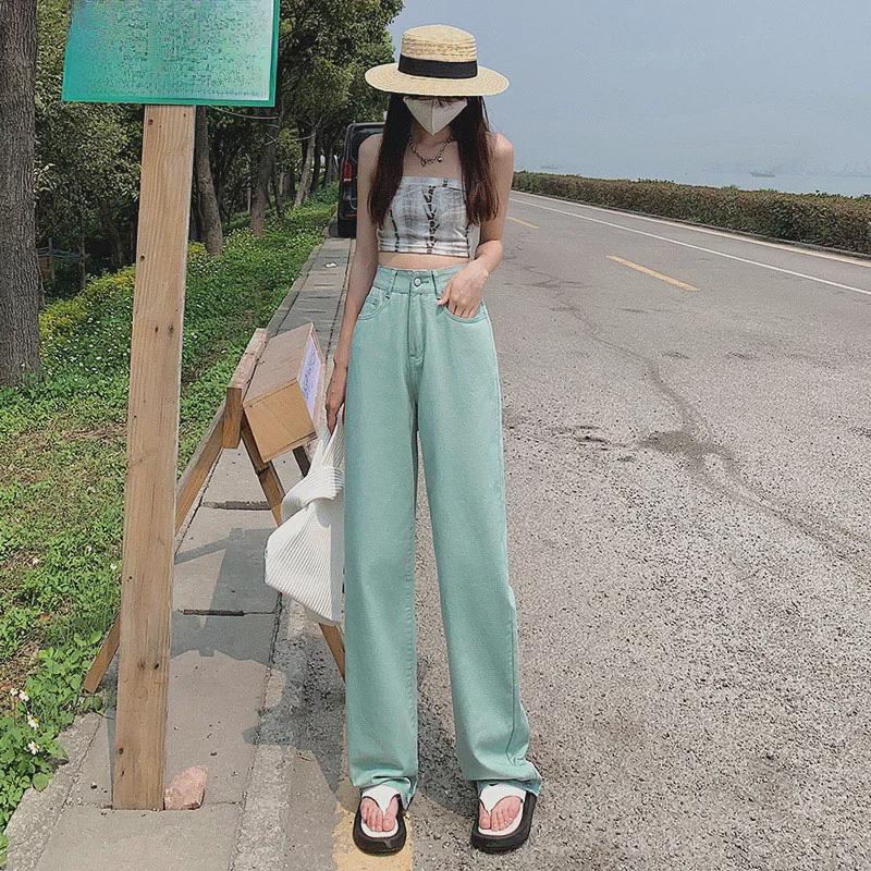 Женские джинсы широкого кроя с высокой талией мятно-зеленого цвета, корейский стиль, длина до пола, свободный крой, размер плюс, лето.
