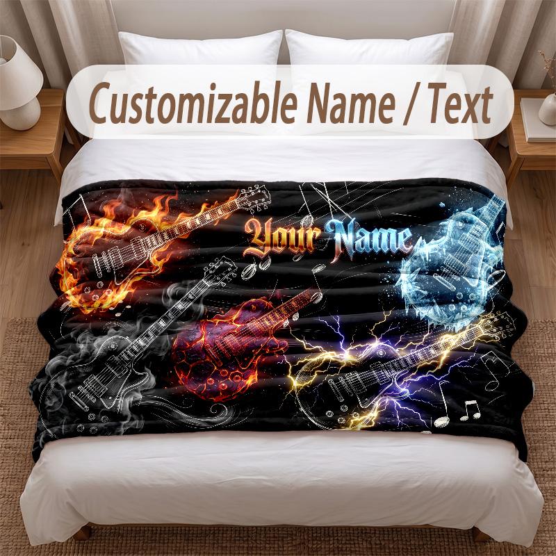 Music Guitar Theme Soft Blanket Personalized Custom Name Text Print Warm Blanket Home Sofa Bedroom Decor