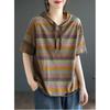 Women's Summer Literary Retro Striped T-shirt Loose Thin Hooded Short-sleeved Sweatshirt