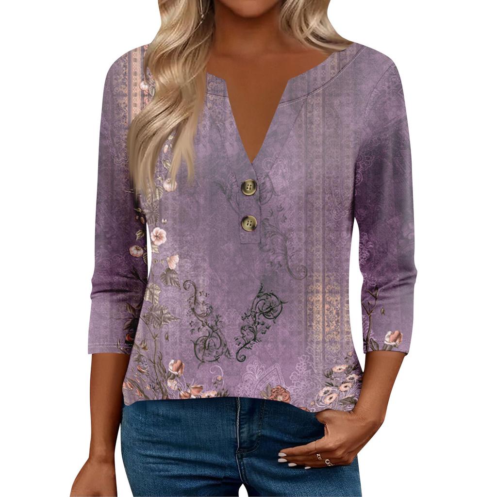 Женские топы с рукавом 3/4 для женщин, топы хенли на пуговицах с V-образным вырезом, нарядные летние женские топы свободного кроя