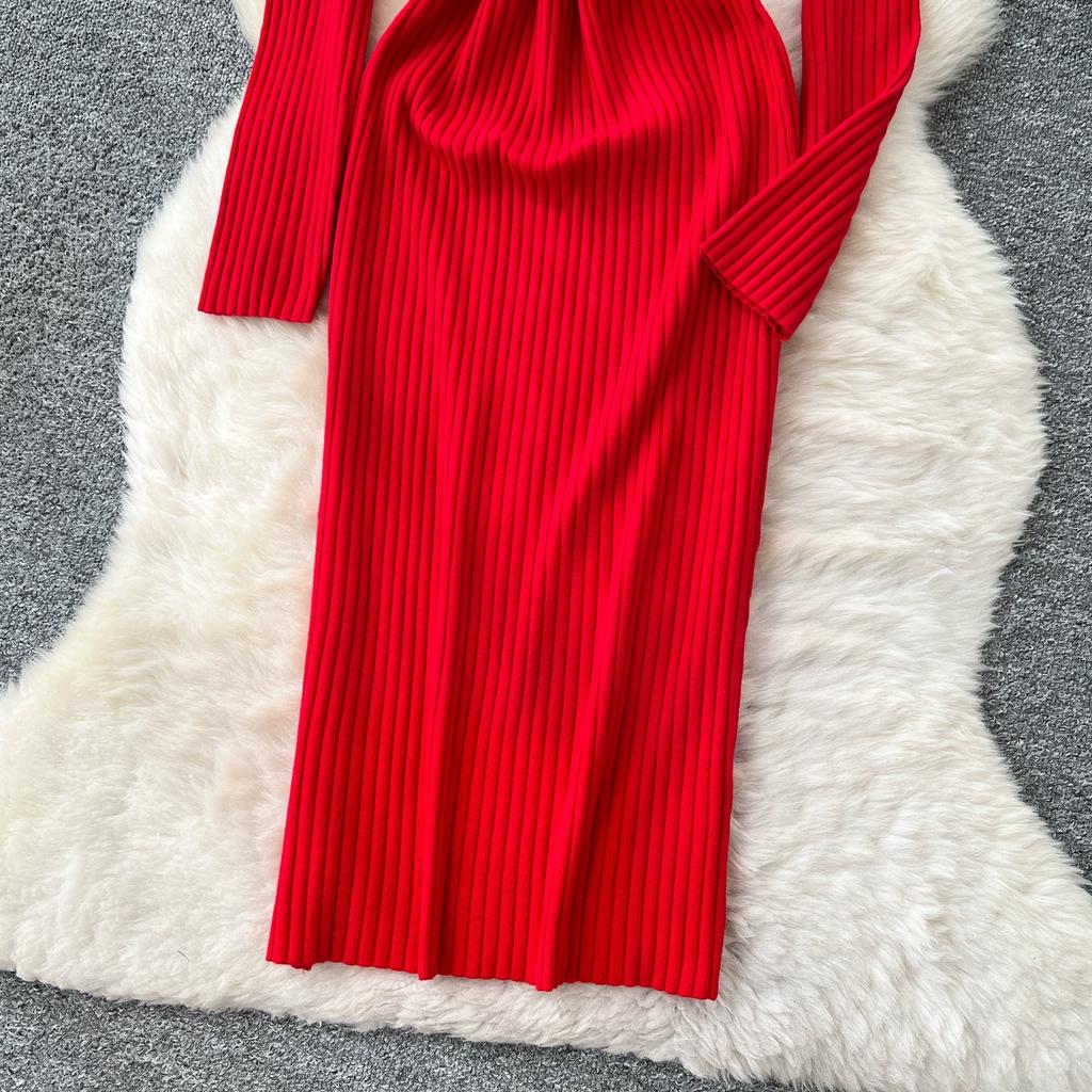 Spring Autumn Women Casual V-neck Full Sleeve Knitted Sweater Midi Pencil Dresses with Belt