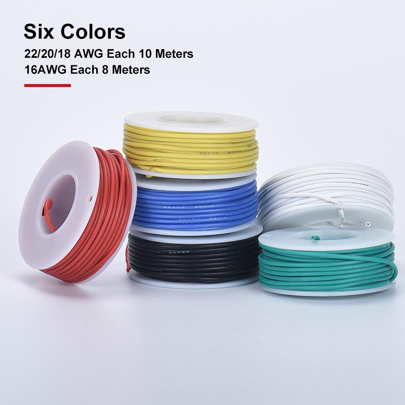 60 метров гибких силиконовых луженых проводов 22/20/18/16AWG 6 цветов, набор электрических многожильных проводов, медный соединительный кабель