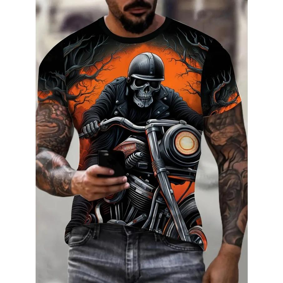 Street Motocar Men's Casual 3D Print Loose Round Neck Short Sleeved T-shirt Top
