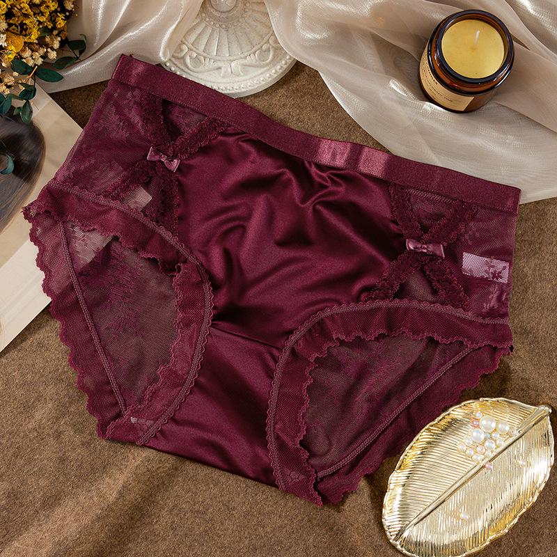 Satin Lace Mesh Court-Style Plus Size Mid-High Waist Triangle Panties for Women