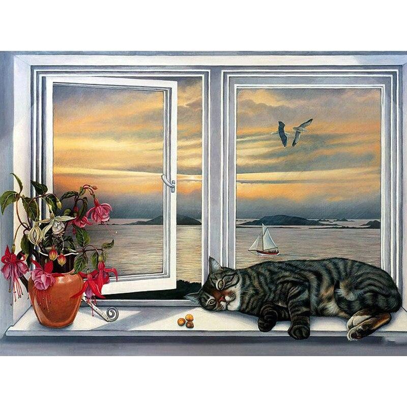5D DIY алмазная живопись милый кот Алмазная вышивка оконный пейзаж вышивка крестом полная квадратная круглая дрель ремесла домашний декор подарок