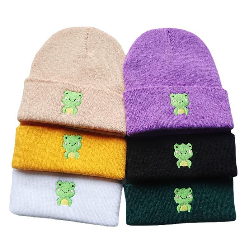 Hip-hop cute frog cartoon warm hat for male and female students Frog Embroidered knitted hat, woolen hat, warm for outdoor sports